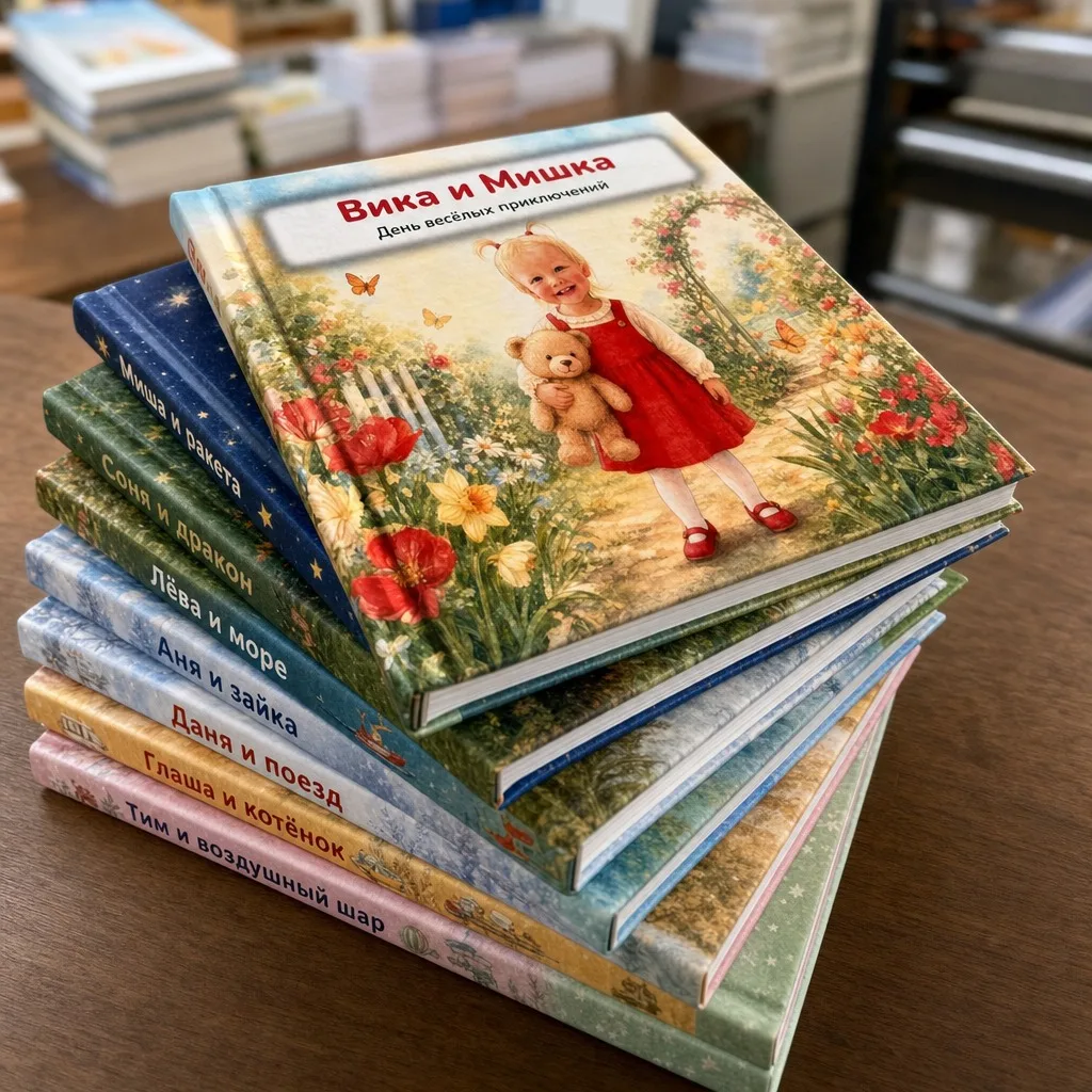 Стопка напечатанных персональных книг с разными героями