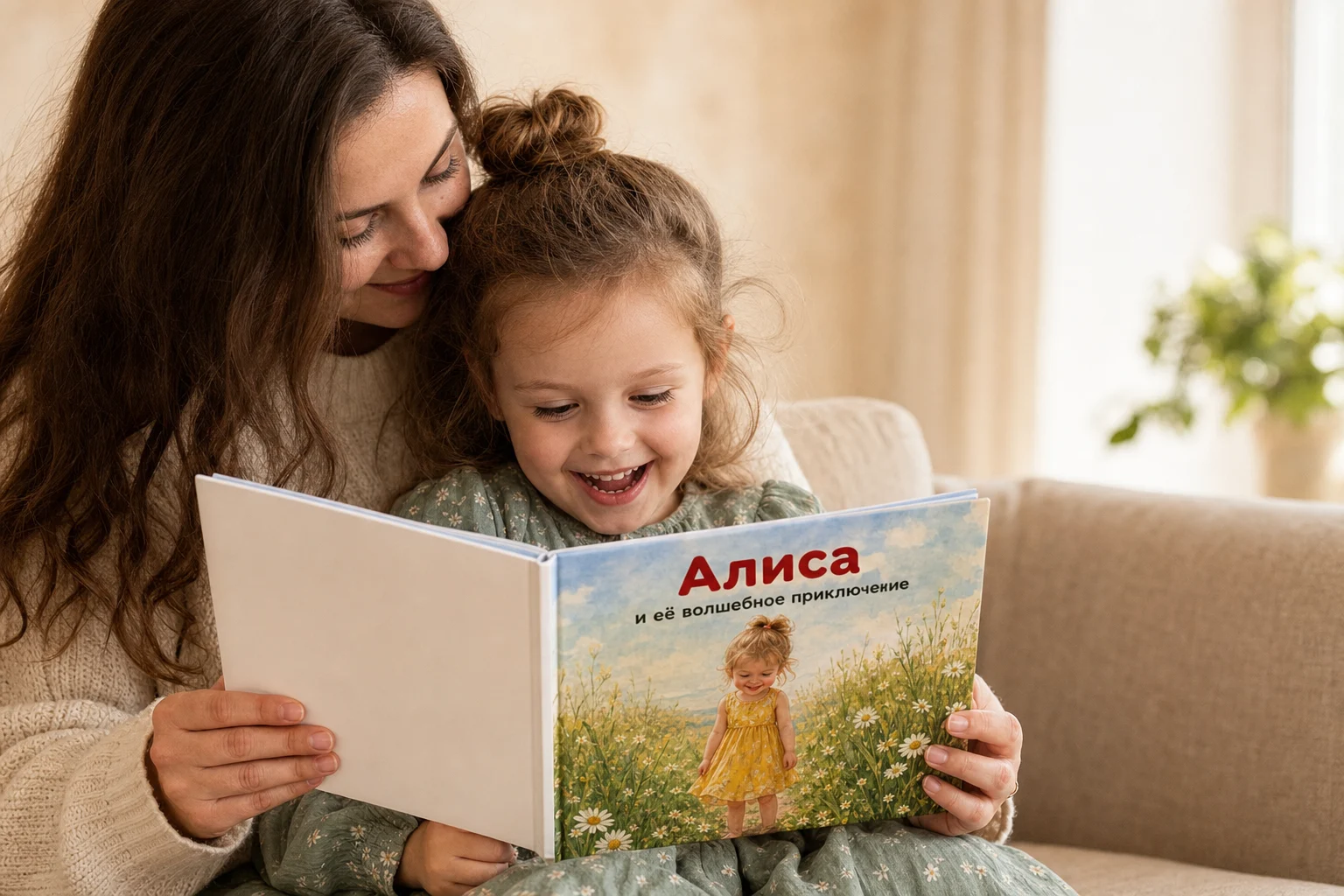 Мама и четырёхлетняя дочка на диване: девочка смеётся и показывает пальцем на страницу своей книги